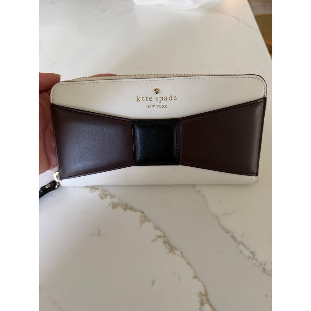 Kate Spade New York Bow Zip Around Continental Wallet Cream Brown Black Leather - Picture 10 of 14